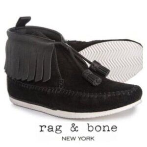 RAG & Bone Ghita Black Leather & Suede Moccasin Fringe Ankle Boots